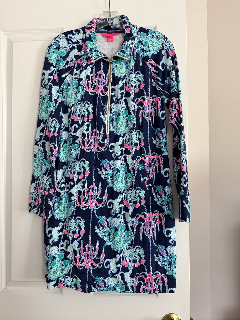 Lilly Pulitzer Navy Chandelier Print Half-Zip Dress with Mint & Pink Accents